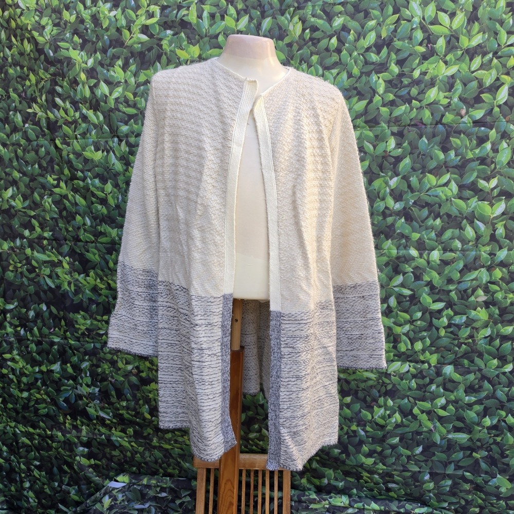 Lucky Brand Open Front Cardigan Sweater Women's Medium Cream Gray Long Duster